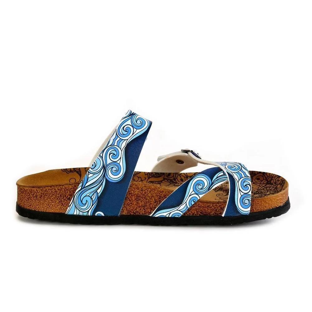 Light Blue and White, Sea Wavy Dark Blue Pattern Sandal - CAL1013