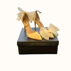 Lulus Tanyay Gold Satin Bow Pointed-Toe Ankle Strap Pumps, Size 8.5