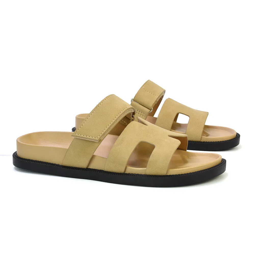 Lydia Cut Out Adjustable Strap Summer Flat Sandal Sliders in Beige