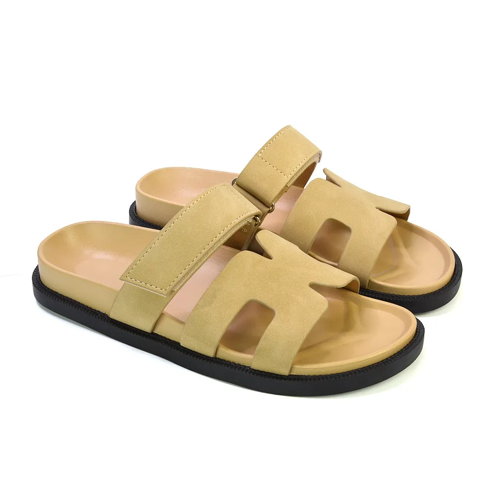 Lydia Cut Out Adjustable Strap Summer Flat Sandal Sliders in Beige