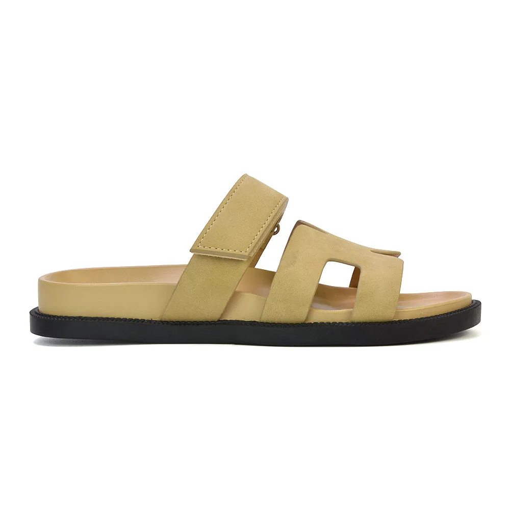 Lydia Cut Out Adjustable Strap Summer Flat Sandal Sliders in Beige