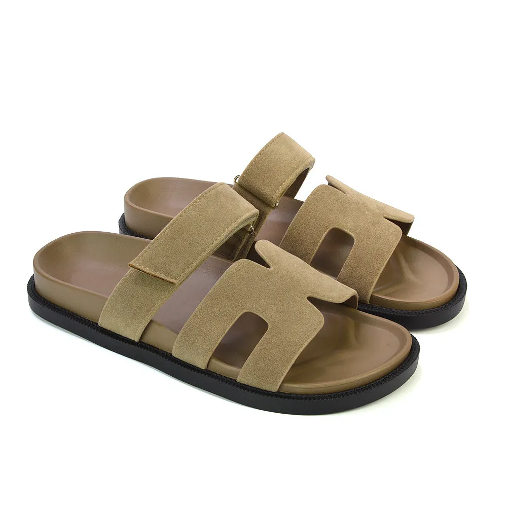 Lydia Cut Out Adjustable Strap Summer Flat Sandal Sliders in Beige