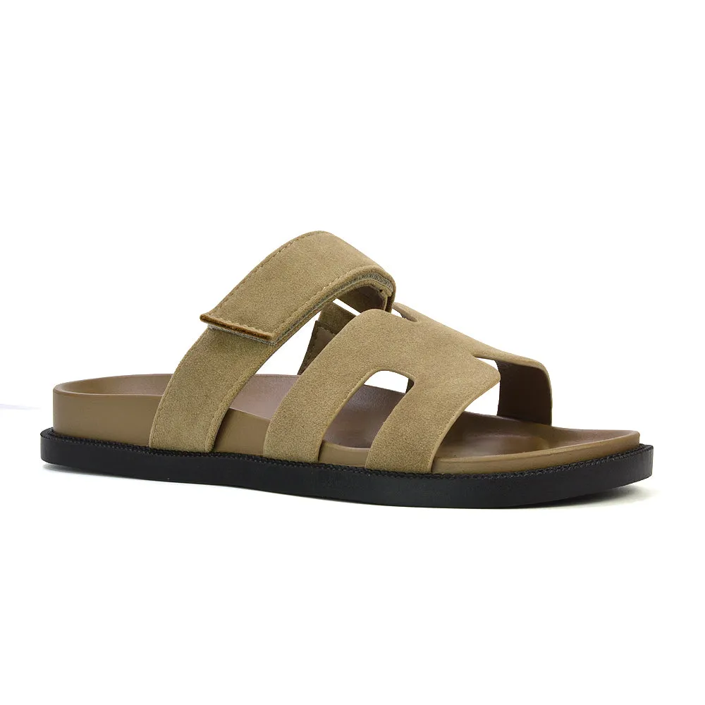 Lydia Cut Out Adjustable Strap Summer Flat Sandal Sliders in Beige