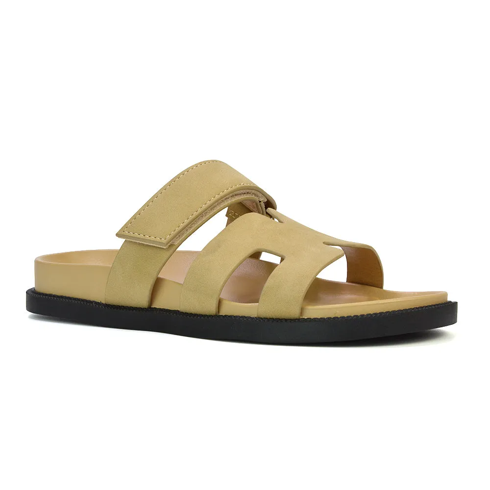 Lydia Cut Out Adjustable Strap Summer Flat Sandal Sliders in Beige