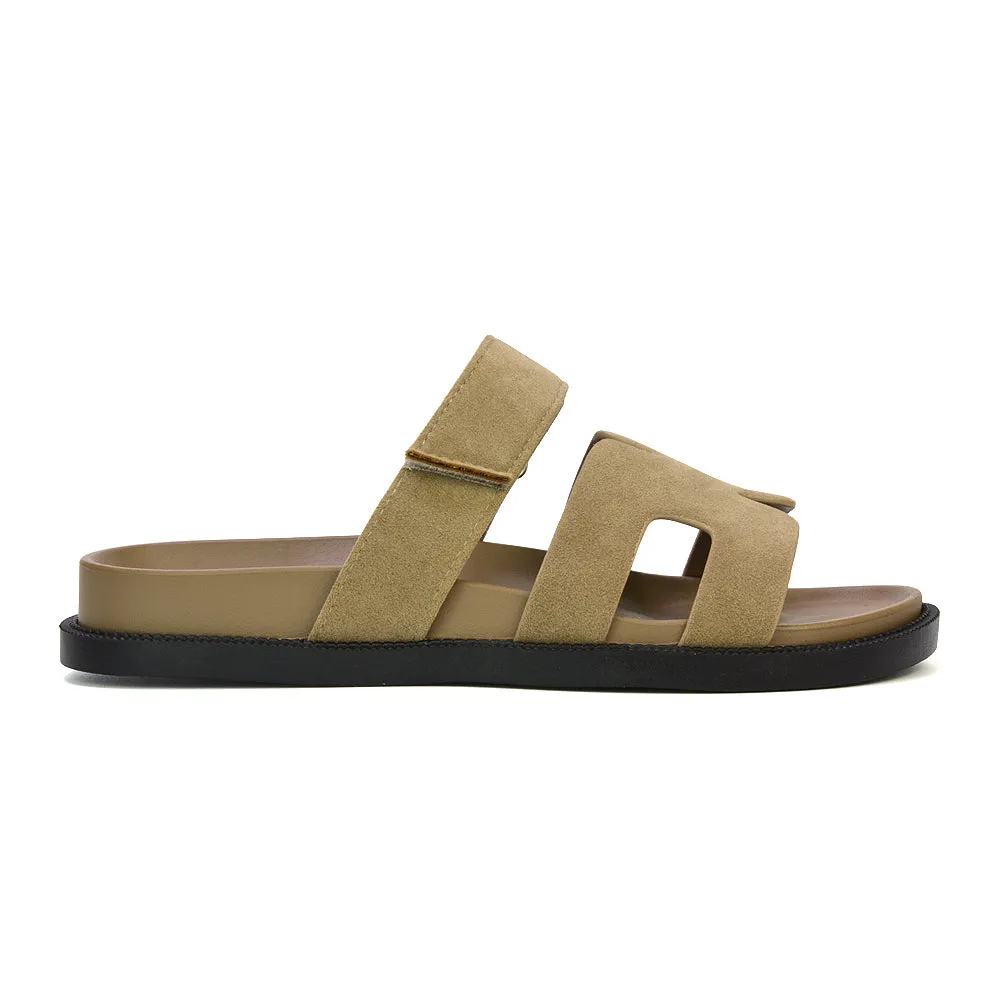 Lydia Cut Out Adjustable Strap Summer Flat Sandal Sliders in Beige