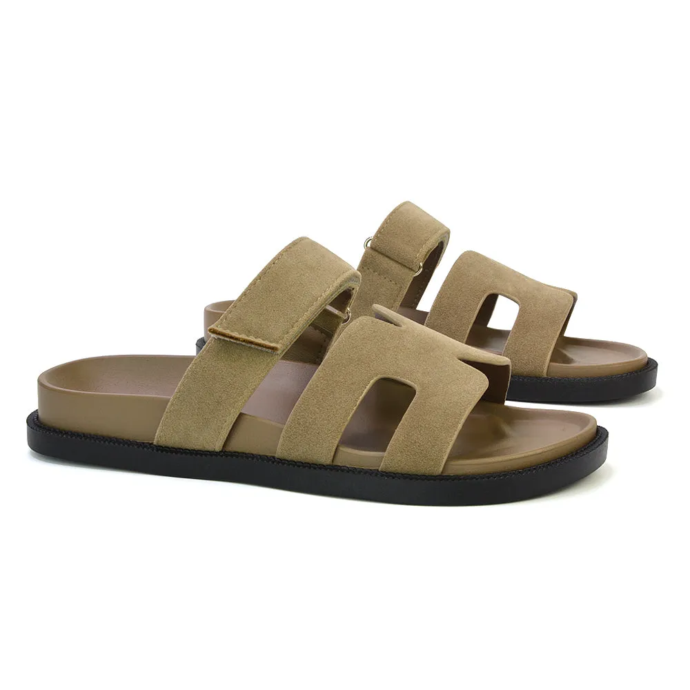 Lydia Cut Out Adjustable Strap Summer Flat Sandal Sliders in Beige