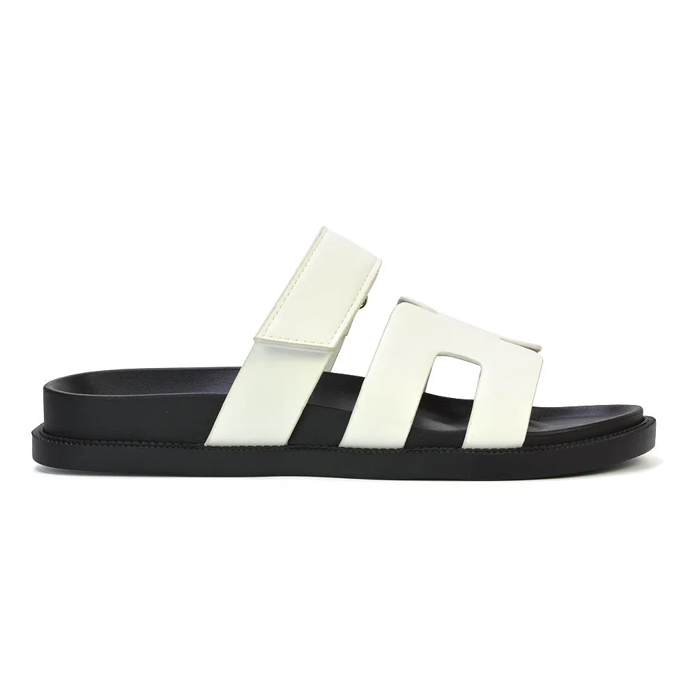 Lydia Cut Out Adjustable Strap Summer Flat Sandal Sliders in Black