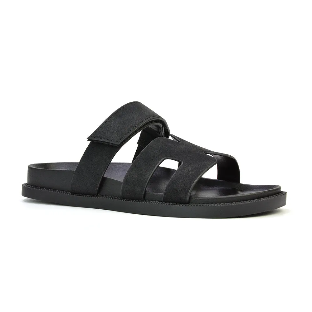 Lydia Cut Out Adjustable Strap Summer Flat Sandal Sliders in Black