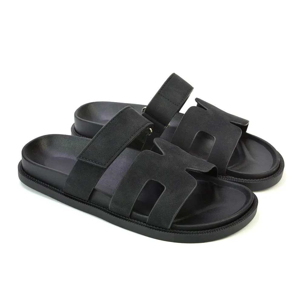 Lydia Cut Out Adjustable Strap Summer Flat Sandal Sliders in Black