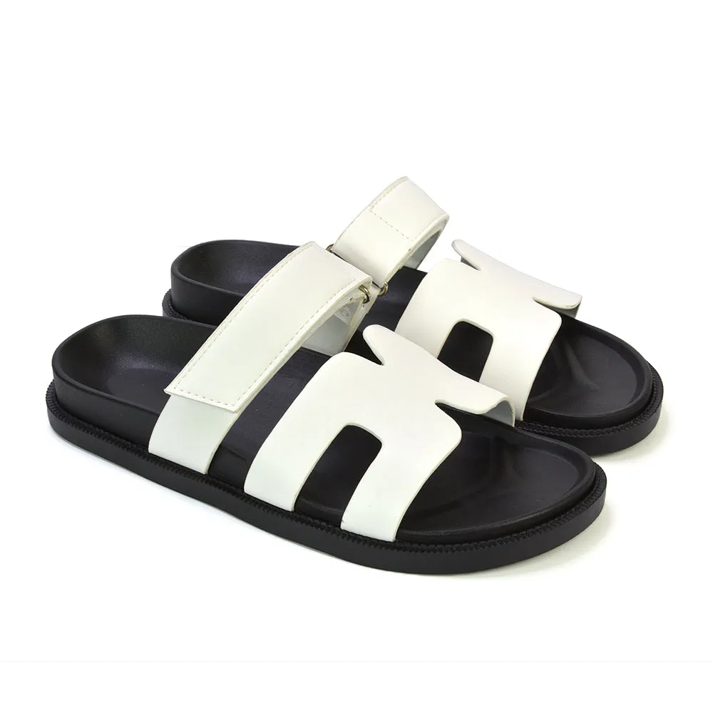 Lydia Cut Out Adjustable Strap Summer Flat Sandal Sliders in Black