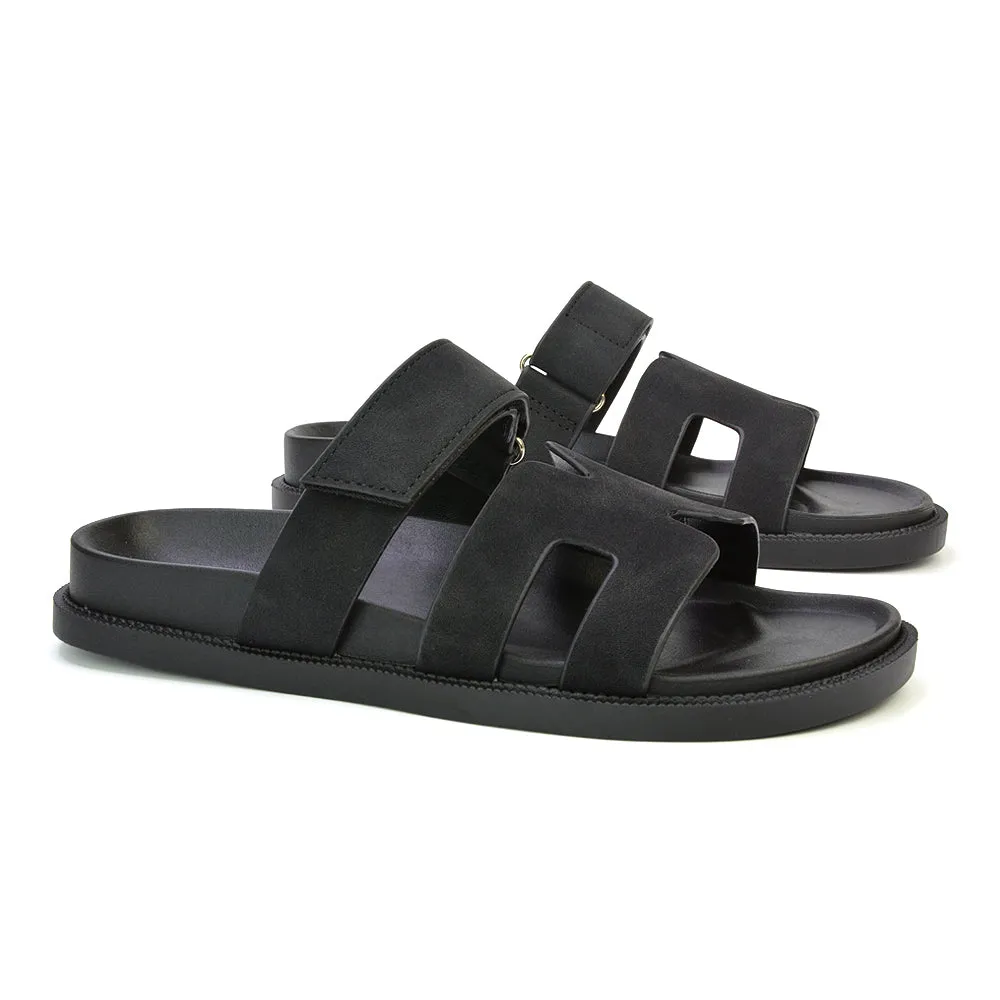 Lydia Cut Out Adjustable Strap Summer Flat Sandal Sliders in Black