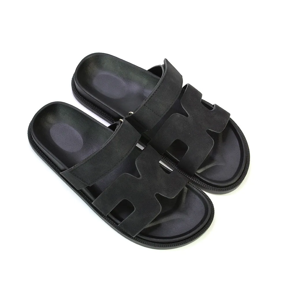 Lydia Cut Out Adjustable Strap Summer Flat Sandal Sliders in Black