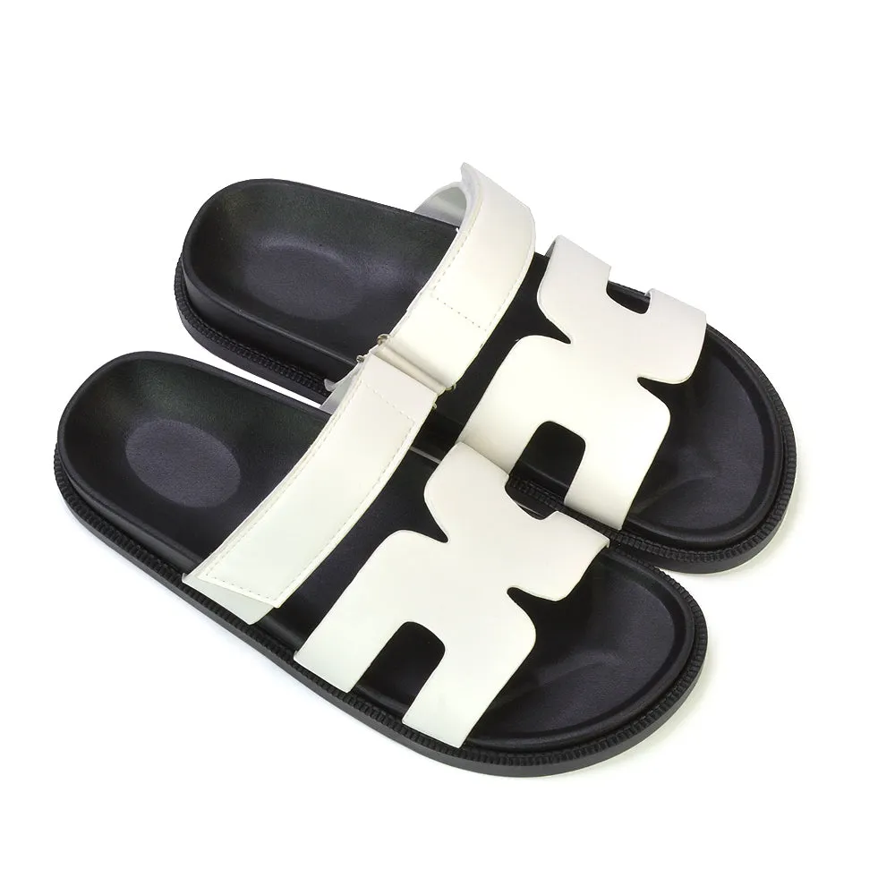 Lydia Cut Out Adjustable Strap Summer Flat Sandal Sliders in Black