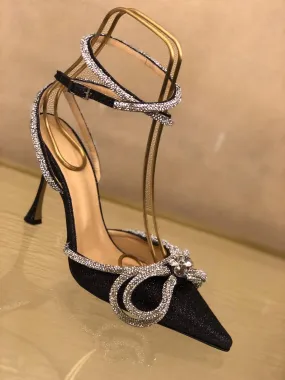 Mach & Mach Double Bow Crystal Black Glitter Heels