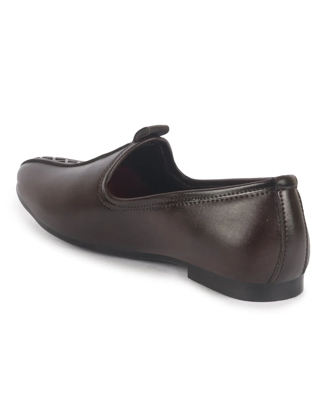 Men Brown Ethnic Slip On Stripe Juttis and Mojaris for Wedding|Party Slip-On|Traditional Kurtas Shoes|Festive Slip On Shoes