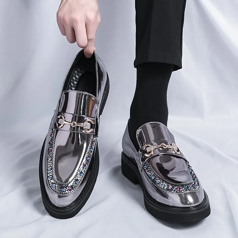 Men's Metallic Pewter Mirror Multicolor Jewel Spiked Loafers