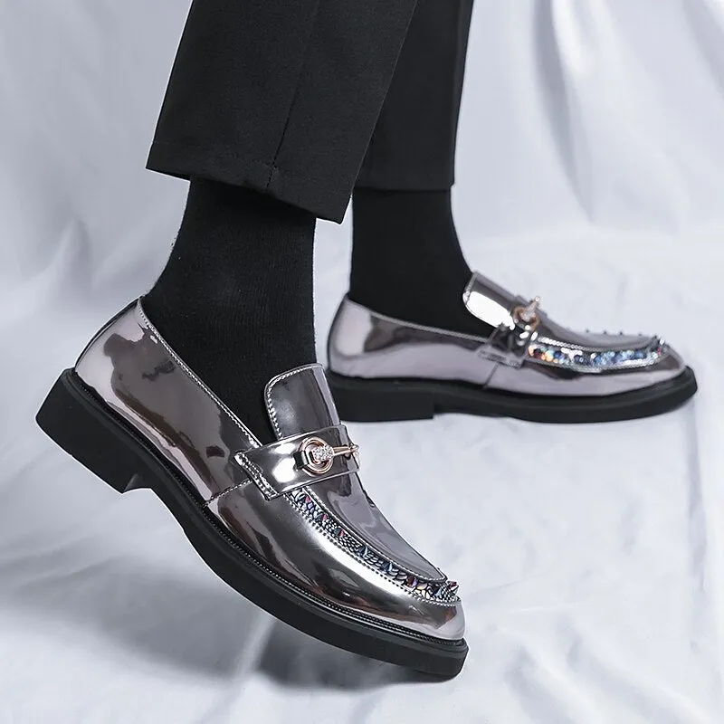 Men's Metallic Pewter Mirror Multicolor Jewel Spiked Loafers