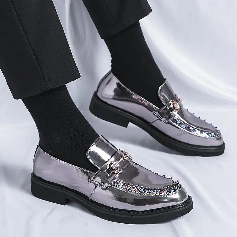 Men's Metallic Pewter Mirror Multicolor Jewel Spiked Loafers