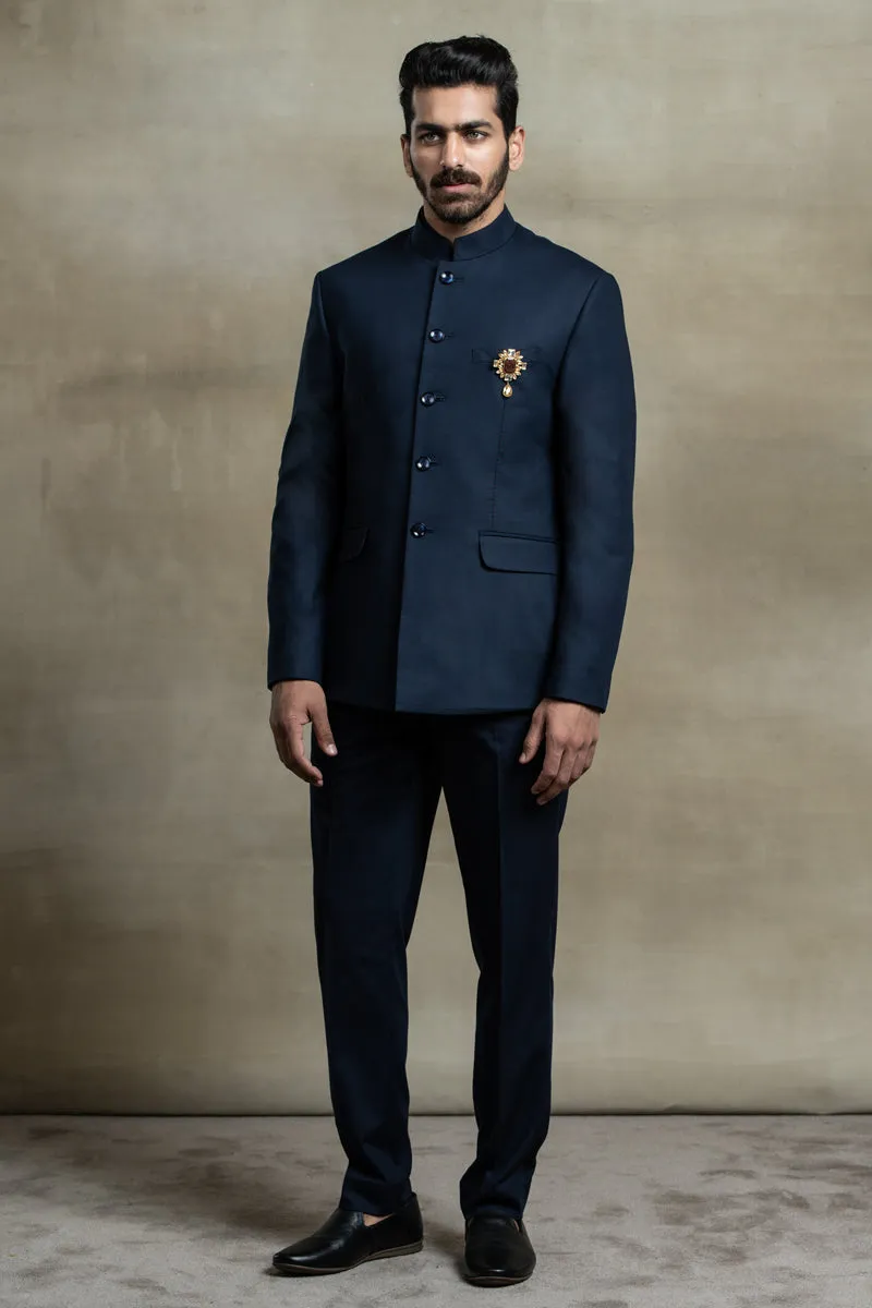 Navy Bandhgala With Saddle Stich Detailing