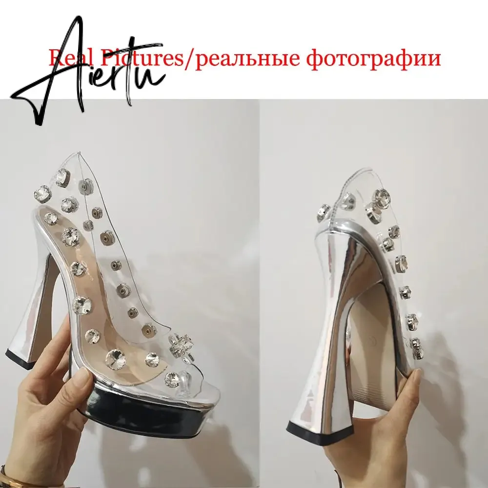 New Fashion Sexy Slingback PVC Crystal Peep Toe Women Sandals High Heels Slip On Party Wedding Platform Elegant Shoes