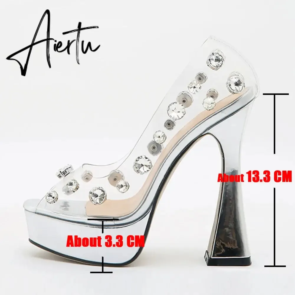 New Fashion Sexy Slingback PVC Crystal Peep Toe Women Sandals High Heels Slip On Party Wedding Platform Elegant Shoes