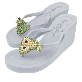 Pear - Green Rhine Stone Embellished Women's High Wedge heel Flip Flops Sandal