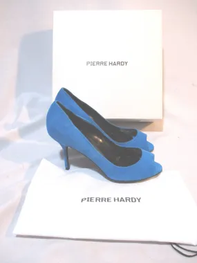 PIERRE HARDY Suede Pump Shoe BLUE 36 CYAN Stiletto Peep Toe Womens EUC LEATHER