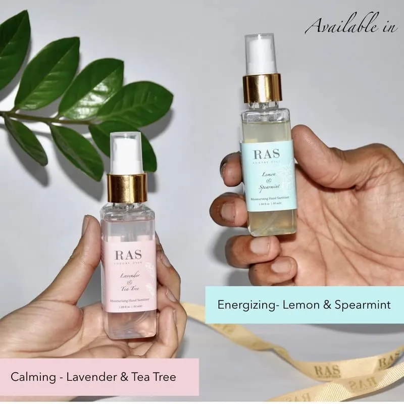 RAS Luxury Oils Lemon & Spearmint Moisturising Hand Sanitiser Spray | Gentle & Safe | Free of Added Fragrance or Toxins | Powered with Essential Oils | Kills 99.9% Microbes | Easy to Use, 50ml