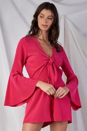 Raspberry Pink Knot Tie Up V-Neck Bell Sleeves Romper