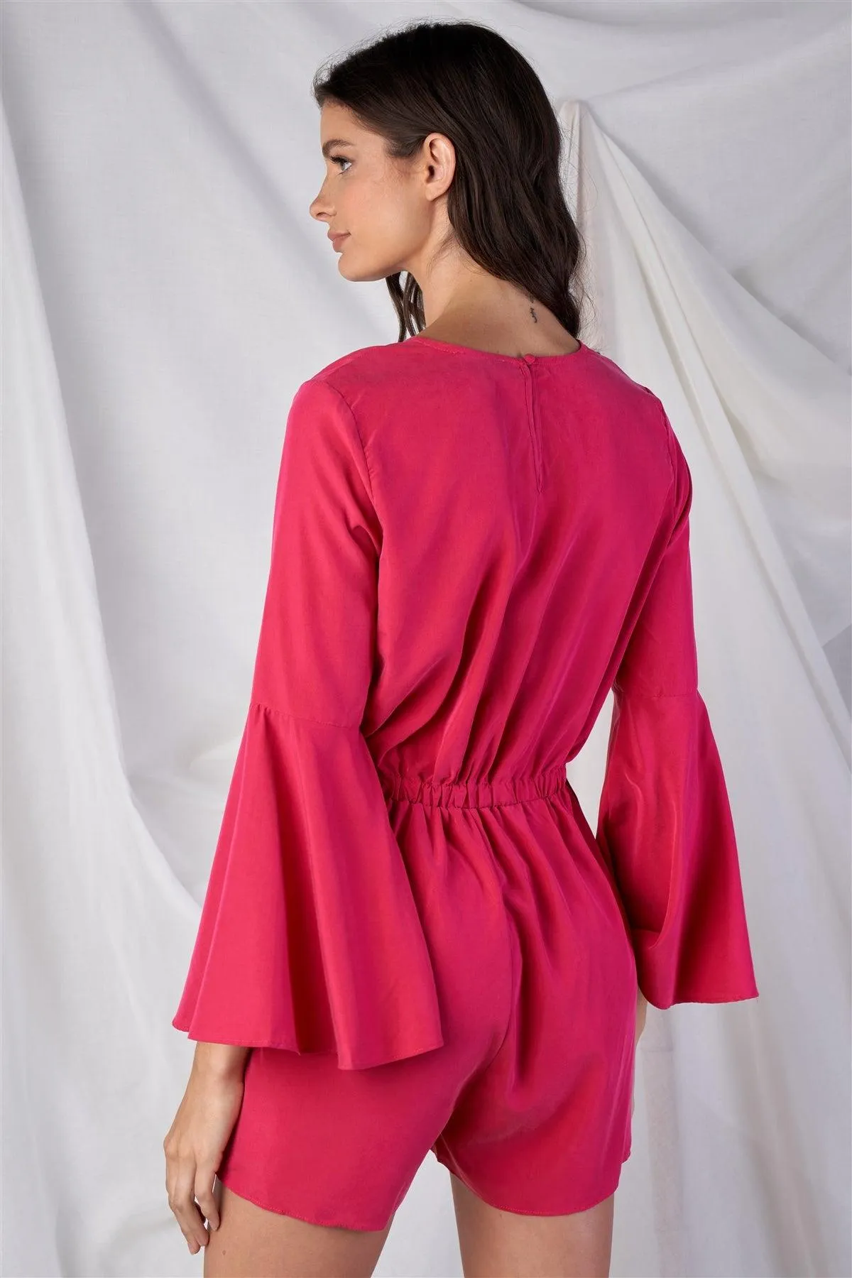 Raspberry Pink Knot Tie Up V-Neck Bell Sleeves Romper