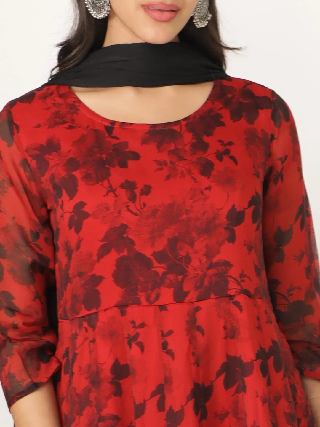 Red Printed Organza Round Neck Kurta Set