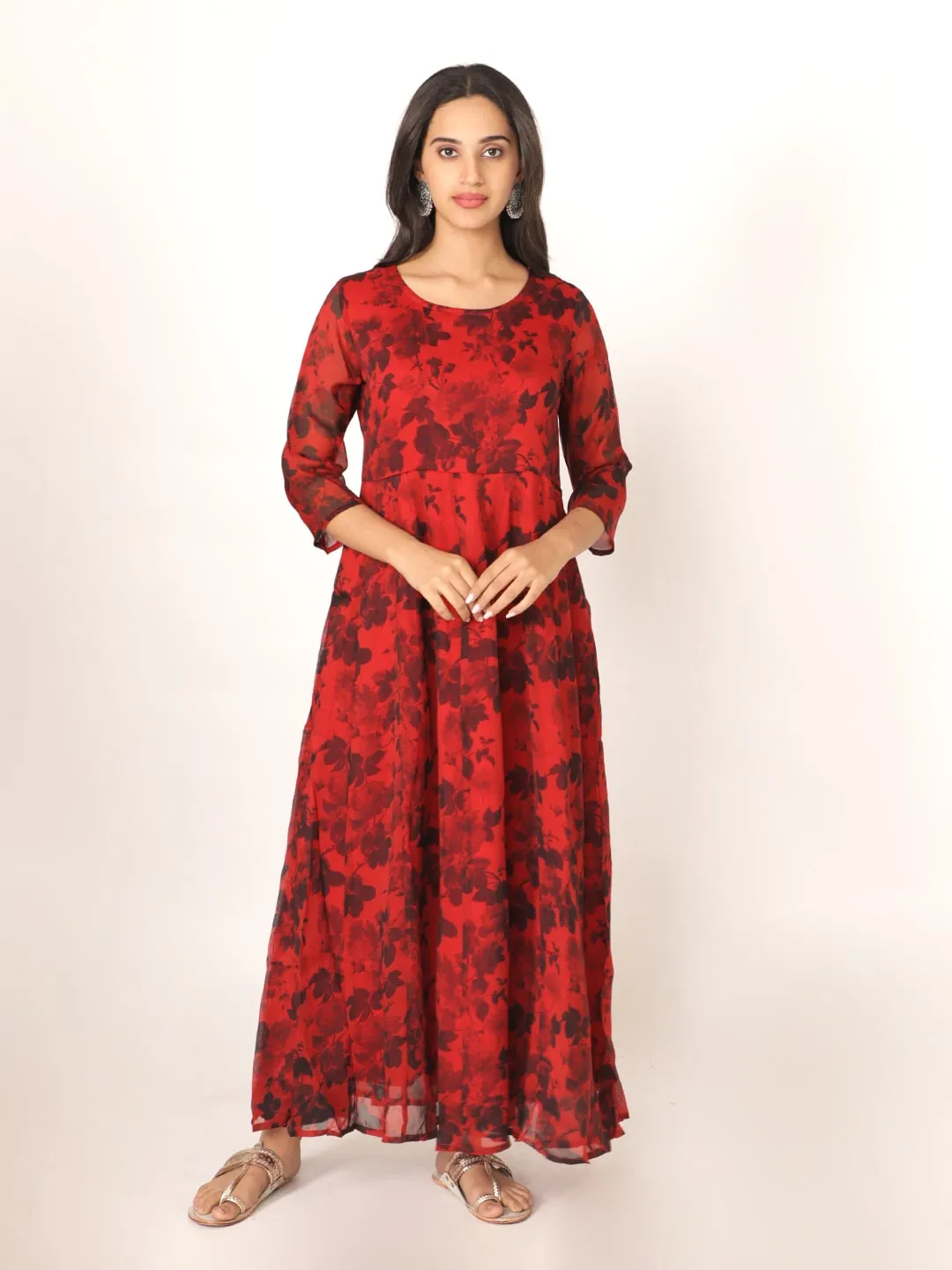 Red Printed Organza Round Neck Kurta Set