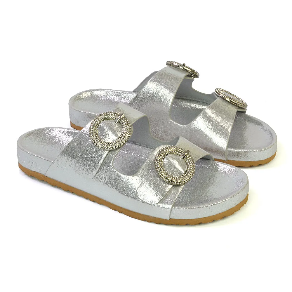 Reggie Double Strap Diamante Slip On Flat Sandals Sliders in Gold