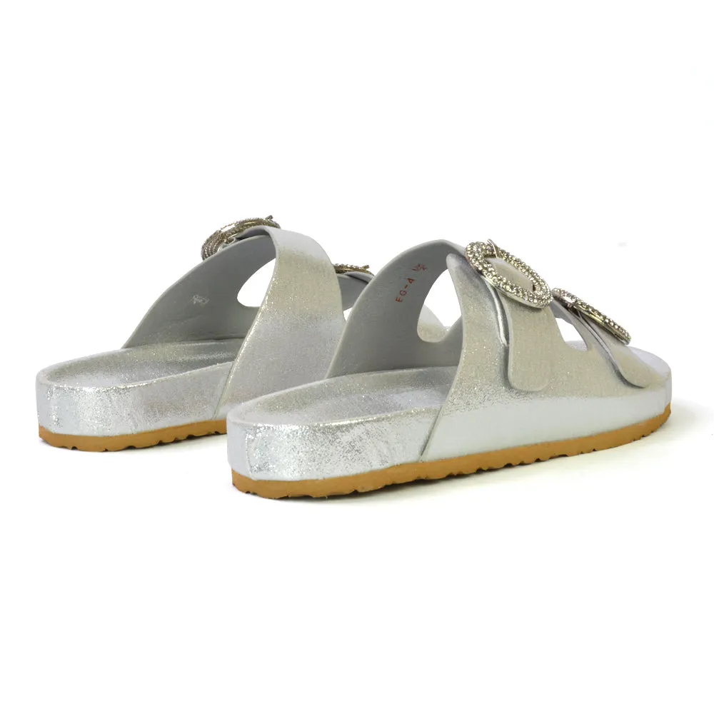 Reggie Double Strap Diamante Slip On Flat Sandals Sliders in Gold