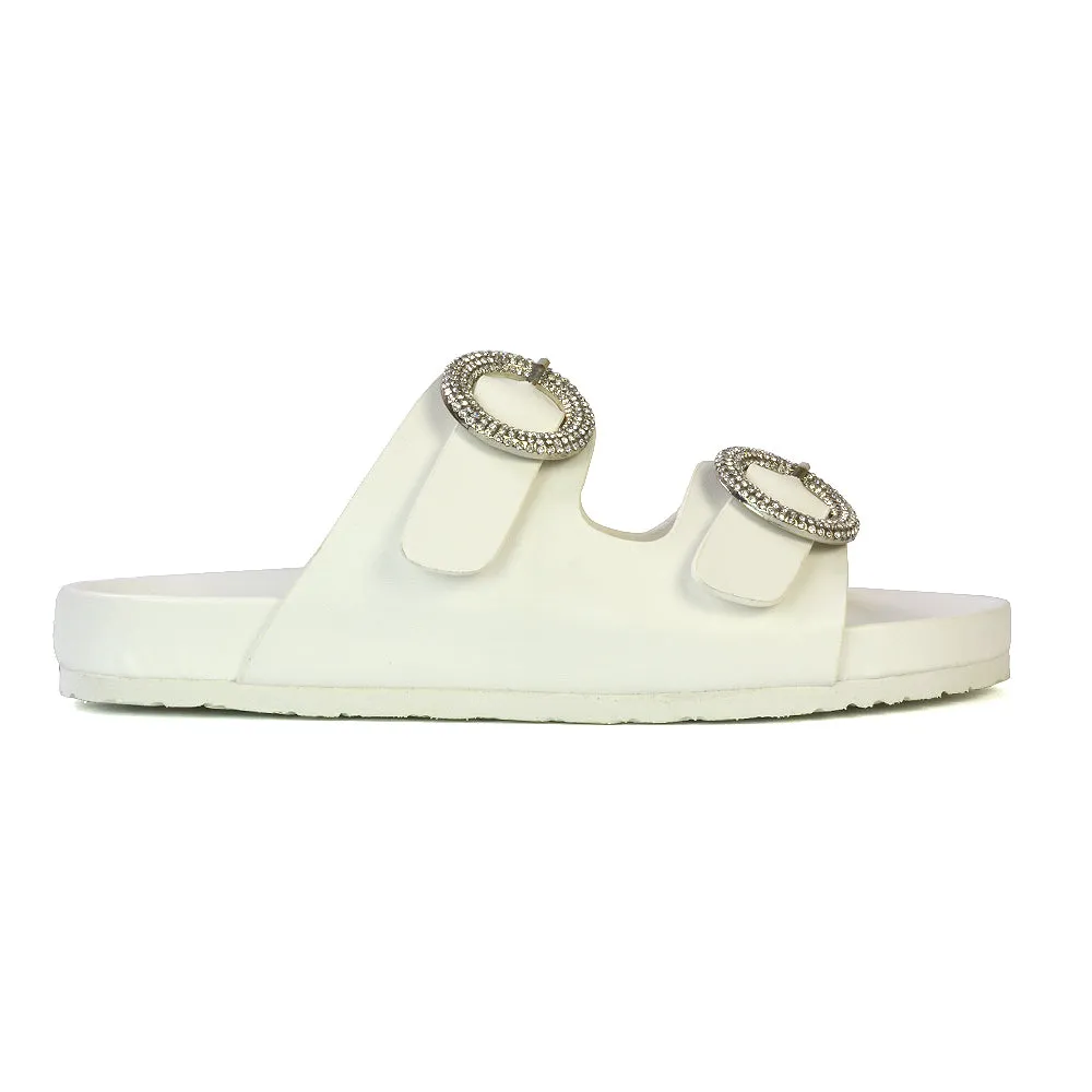 Reggie Double Strap Diamante Slip On Flat Sandals Sliders in Gold