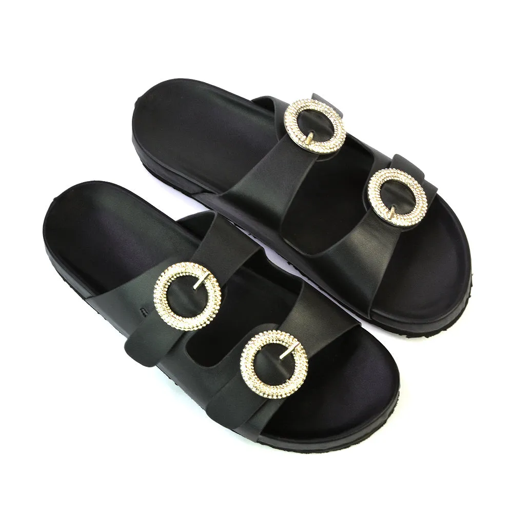 Reggie Double Strap Diamante Slip On Flat Sandals Sliders in Gold