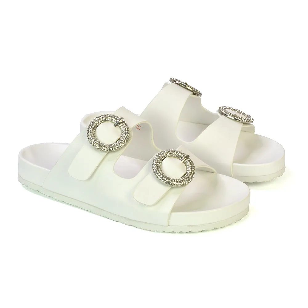 Reggie Double Strap Diamante Slip On Flat Sandals Sliders in Gold