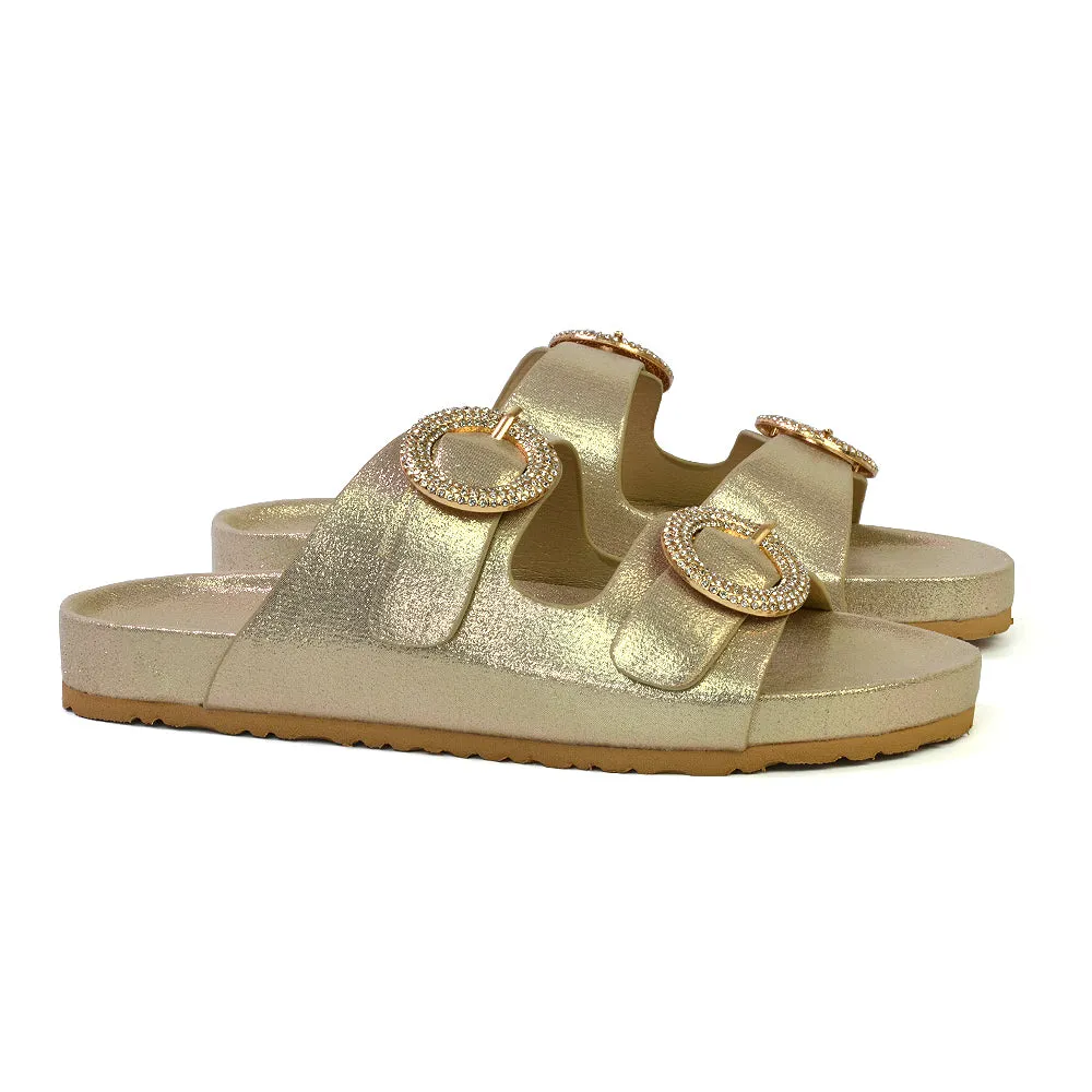 Reggie Double Strap Diamante Slip On Flat Sandals Sliders in Gold