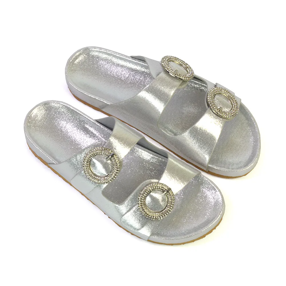 Reggie Double Strap Diamante Slip On Flat Sandals Sliders in Gold