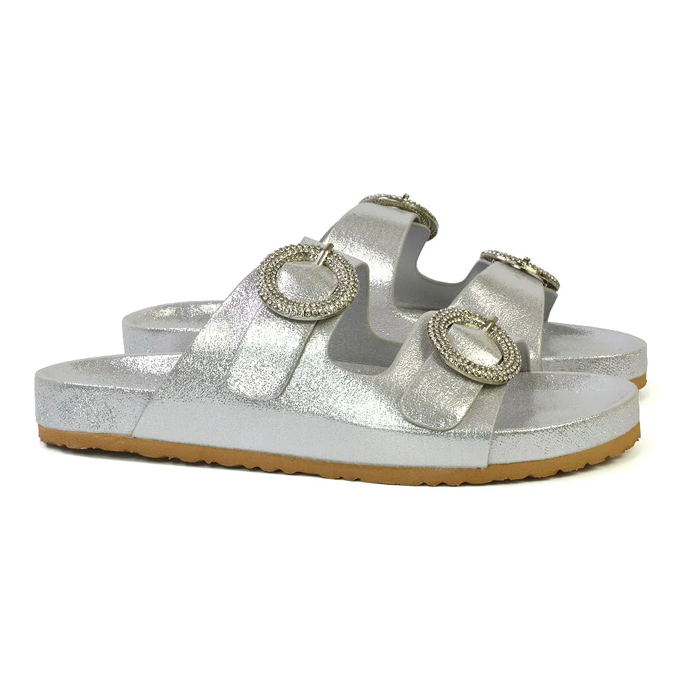 Reggie Double Strap Diamante Slip On Flat Sandals Sliders in Silver