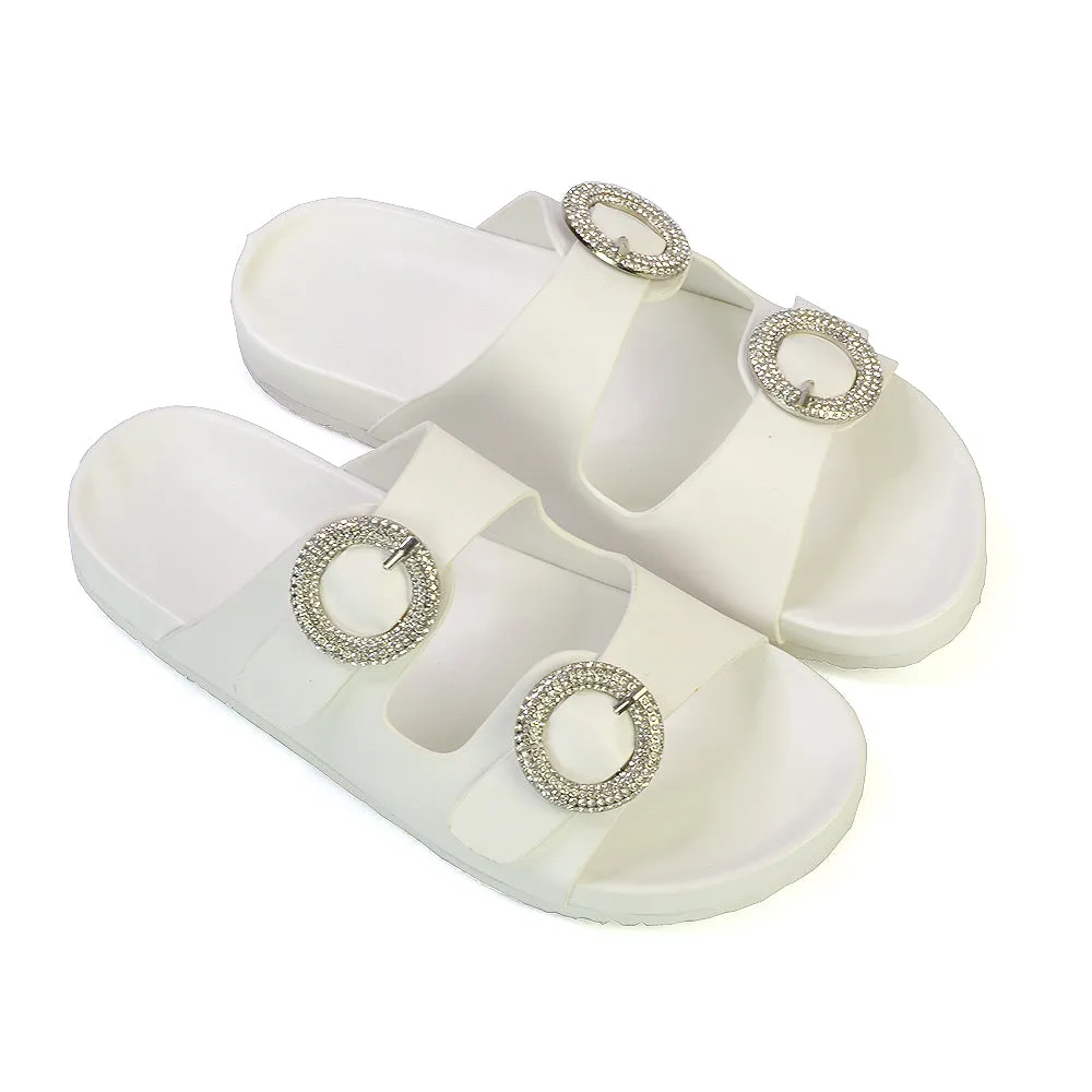 Reggie Double Strap Diamante Slip On Flat Sandals Sliders in Silver