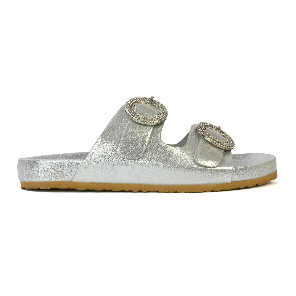 Reggie Double Strap Diamante Slip On Flat Sandals Sliders in White