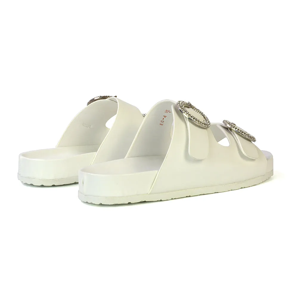 Reggie Double Strap Diamante Slip On Flat Sandals Sliders in White