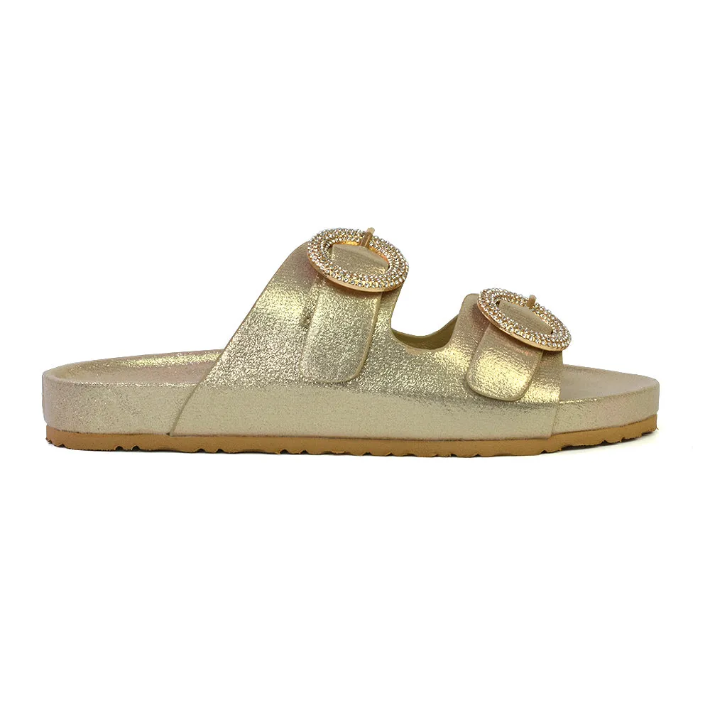 Reggie Double Strap Diamante Slip On Flat Sandals Sliders in White