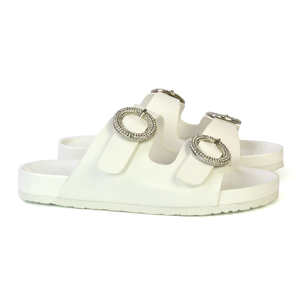 Reggie Double Strap Diamante Slip On Flat Sandals Sliders in White