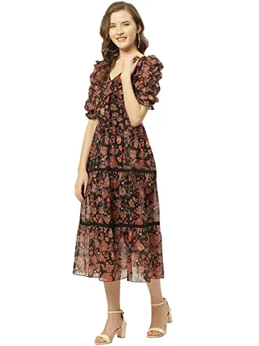 Shasmi Women's Black & Rust Orange Floral Print Tiered Midi Fit & Flare Dress with Ruffles (Dress 38) (XX-Large, Black)