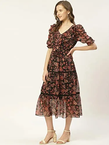 Shasmi Women's Black & Rust Orange Floral Print Tiered Midi Fit & Flare Dress with Ruffles (Dress 38) (XX-Large, Black)