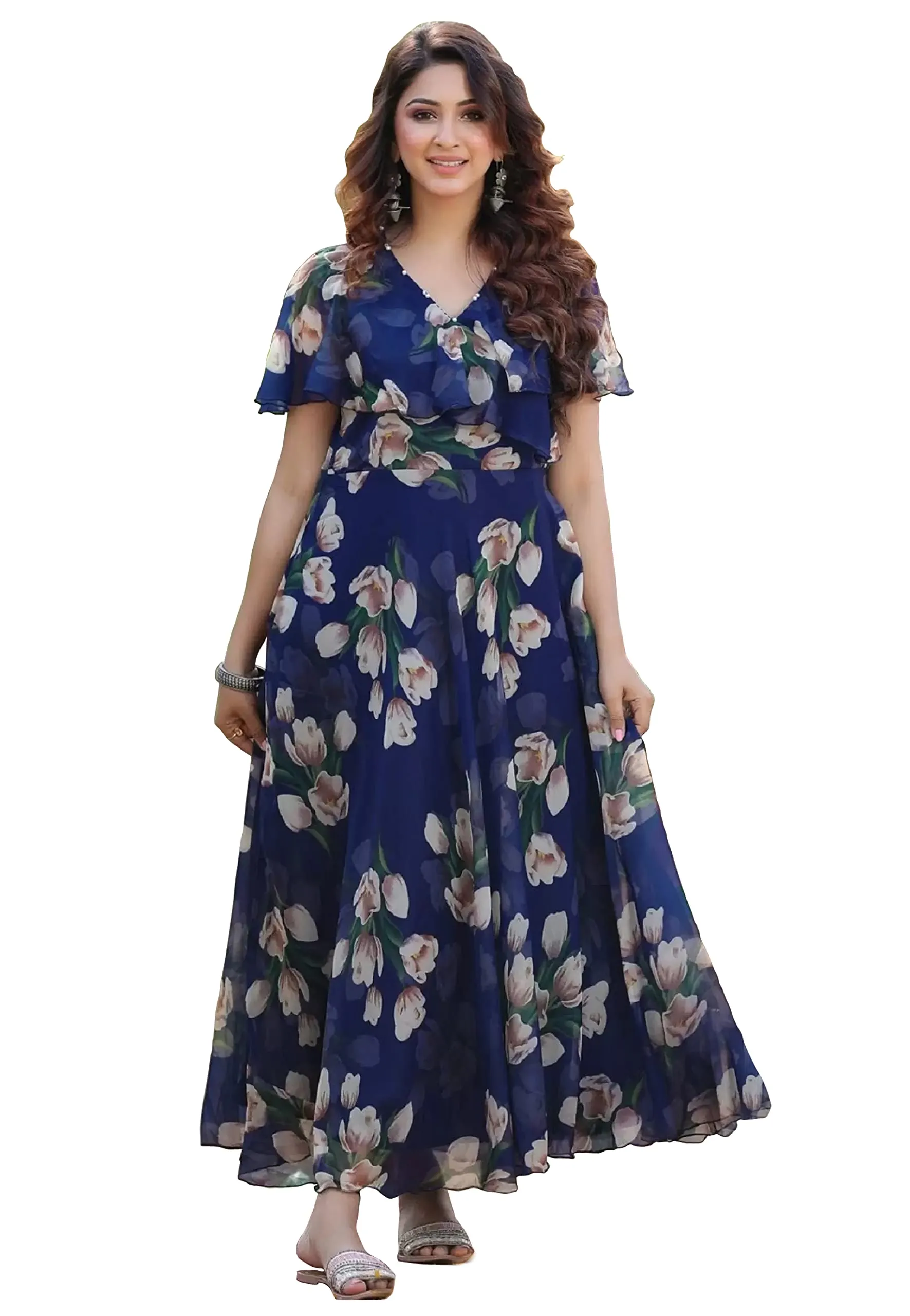 Shasmi Women's Georgette Digital Floral Printed Gown Dress for Women (Gown Dress 35) (XXX-Large, N Blue)