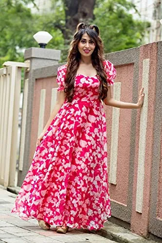 Shasmi Women's Georgette Digital Printed Maxi Dress for Women (Dress 39 Neon Pink 3XL)