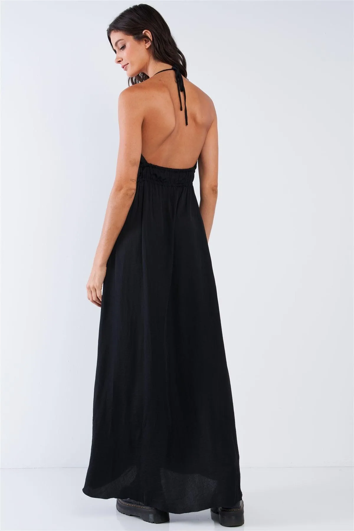 Solid Black Satin Open Back Halter Draw String Tie Top Ruffle Vertical Top-To-Bottom Hem Stretchy Waistline Maxi Dress